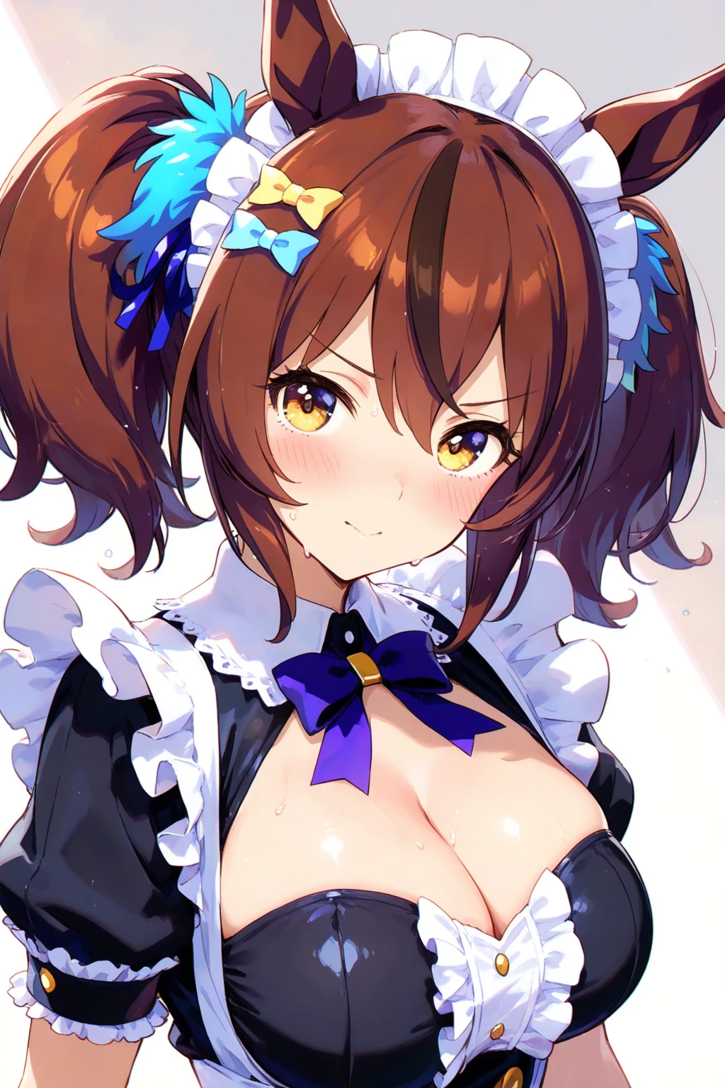 (One girl)、medium length hair、(sidelock)、(brown hair)、(slan eyes)、（boyish）、cute、(Big super breasts)、((Chubby))、Maid、No sleeve、mini skirt、White sleeveless、thigh-high socks thighhighs、(long gloves)、hairs between eyes、(coarse hair)、[flipped hair]、pink eye、expressionless、one eye closed、arm behind back、two side up、White Background、
