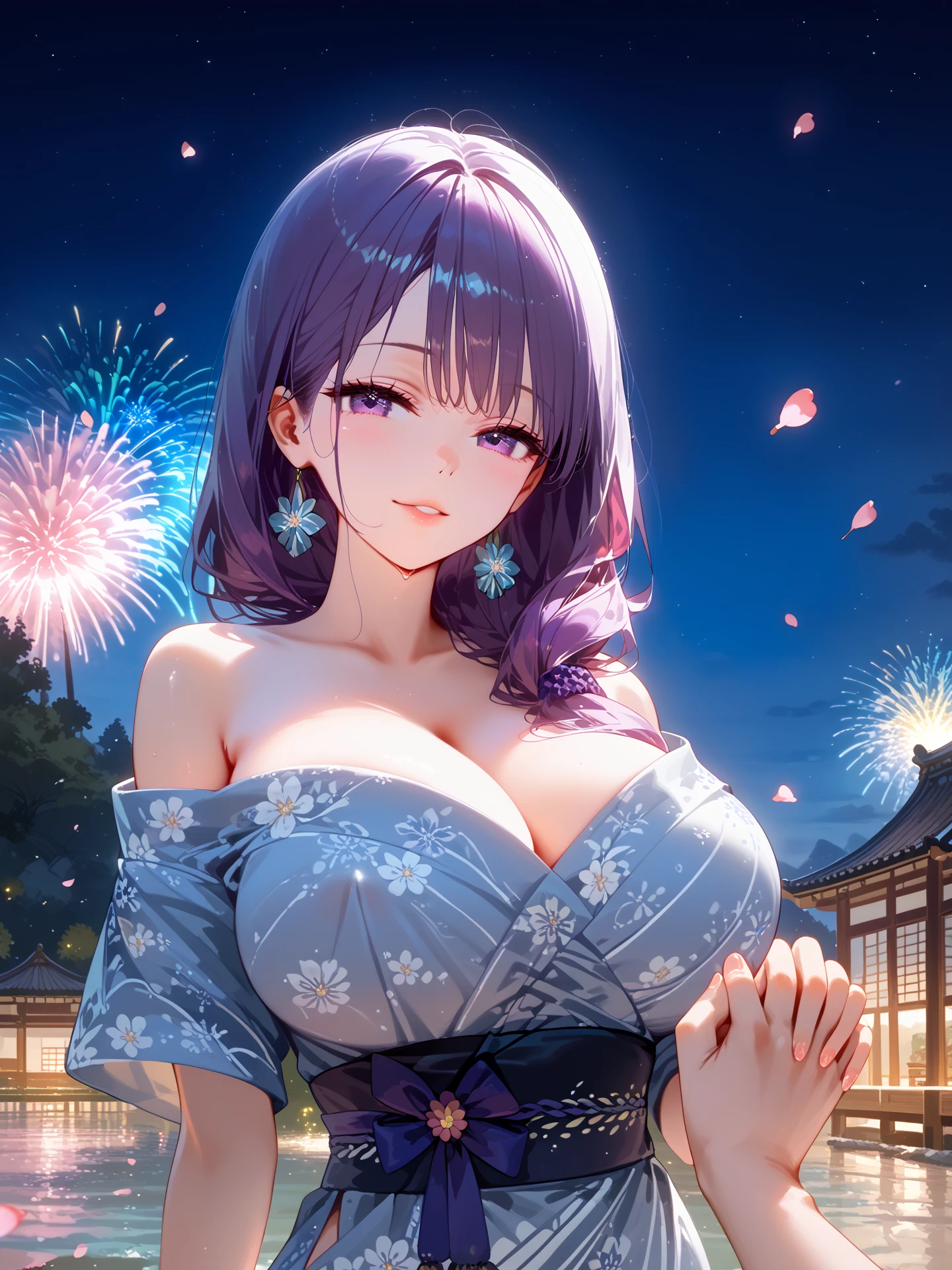 highest quality、High resolution、detailed background、clearな10代の美少女、clear、(huge breasts:1.5)、(night view、firework、from the top of the pleasure boat:1.2)、Look at me happily、panty shot、
Yukata with bright colors and patterns、pink or light blue cherry blossom pattern、cute hairstyle、tie hair、bun hair、white floral embroidery panties、No bra、emphasize the chest、emphasize cleavage