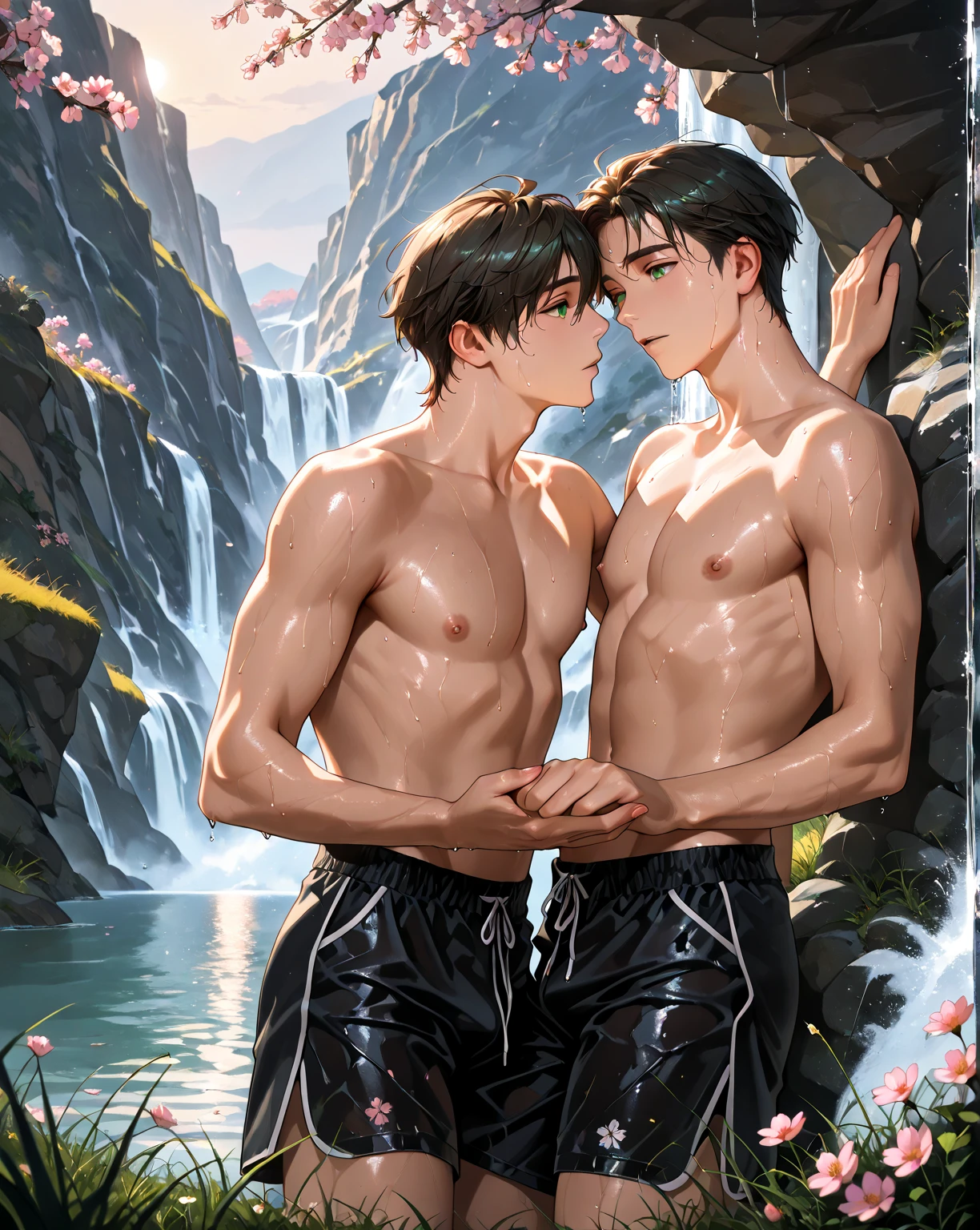 Two boys in the water together，Raised sexy