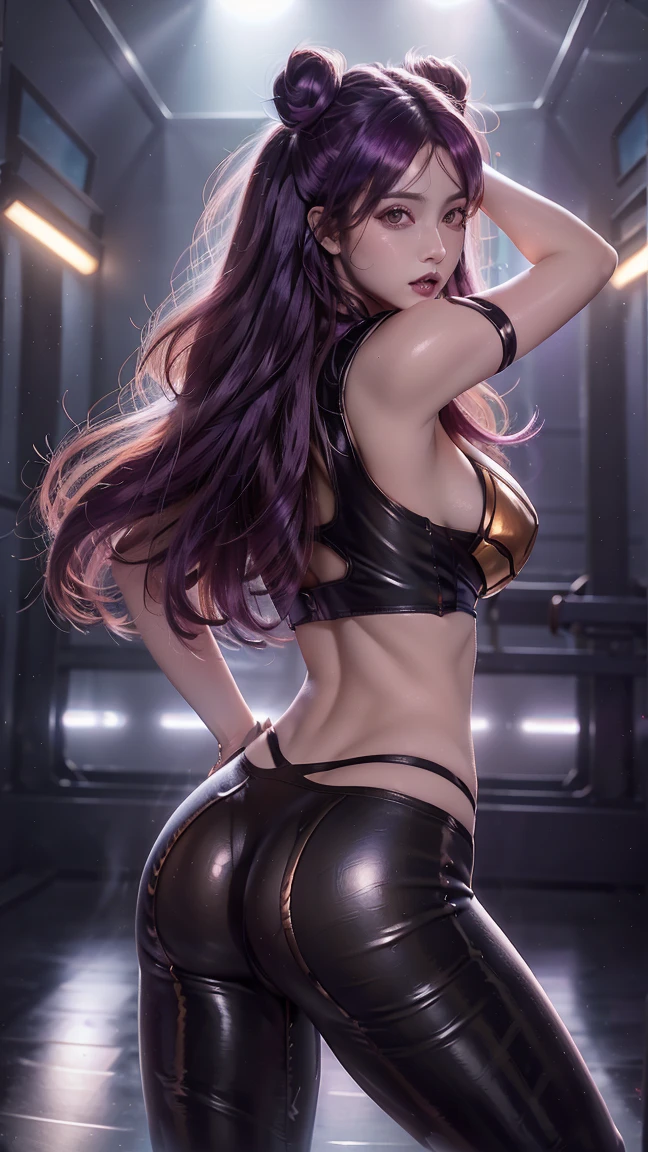 White-haired beauty,watery big eyes,exquisite eye makeup,Long eyelashes,8K分辨率,The body is strong,{{Huge_Ample chest}},The chest is erect,Tall,Long legs,Thin and transparent underwear,There is particularly little cloth,Ultra-high fork,Gold chain,{{Glossy}},{Slim},with white skin,{Black_Stockings},highest details,Long curly hair that is lightweight,with long bangs,