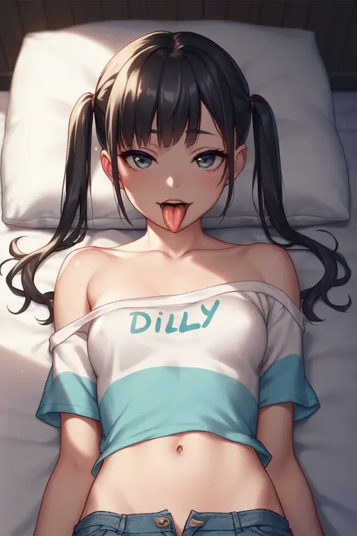 pastel colors colors t-shirt,off-shoulder look,bare shoulder,ollarbone,midriff peek,hot pants,open mouth,(tongue out:1,2),Kneeling,Hands Behind Back,eye-level shot,front view,cowboy shot,(1girl,Beautiful 14 year old girl),((Slender,Small breasts,Small face,)),(looking at viewer),Black Hair,bangs,one side up,Beautiful and detailed,(Dimly lit room:1.5),White bed,Simple black background,Mischievous smile