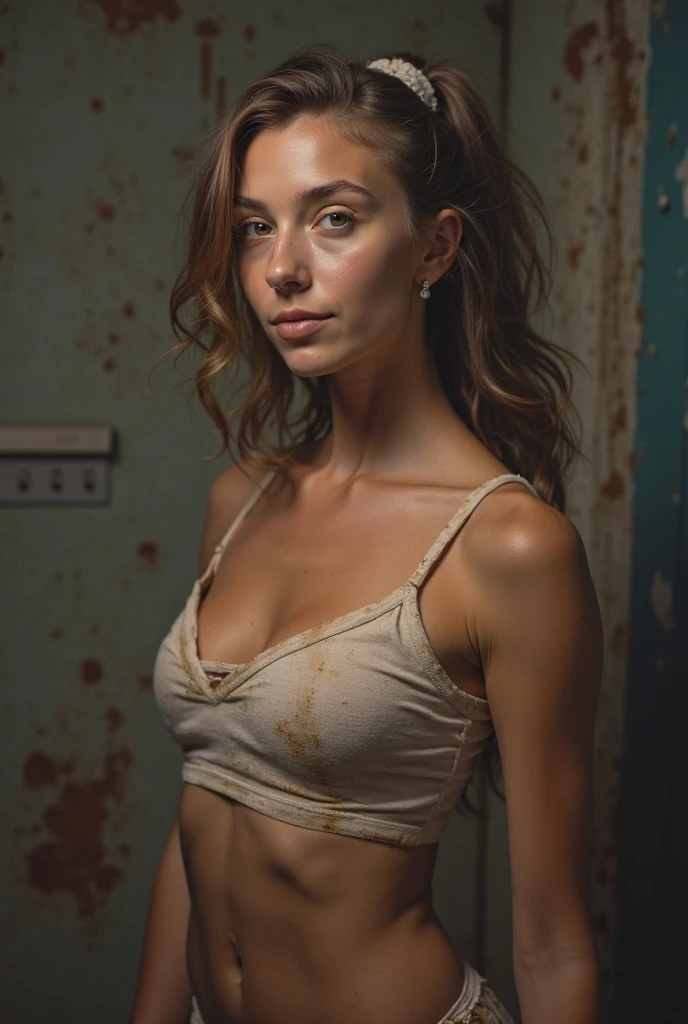 (8K, RAW photos, best image quality, masterpieces, : 1.2), (realistic, photorealistic: 1.37), 20-year-old American blonde woman with a sad face of homeless, sad expression of despair, depressed, on all fours, poor, dirty alley littered with garbage, torn and dirty tattered, dirty clothes, exposed plain clothes, torn fabric, collarbone, no bra, cotton panties, panties on the legs, Torn micropants, dirty hair, dirty face, dirty skin, wet skin, muddy skin, muddy feet, bare feet, small tit's, cleavage, unkempt hair, sweat, sweat drops, tan, close-up, from below, old kitchen, tile fragments, dark ruins, messy rooms, broken dolls, trash cans, top quality, cinematic lighting, Complex and cinematic look, messy room, photorealistic, cowboy shot, dynamic angle, perfect hands, perfect fingers, perfect tit' s, perfect fit, perfect body, perfect face, Ultra-Realistic. Ultra-Detailed. Ultra-Sharp Hi-Res. 8K. Photography. Centered. On Frame.