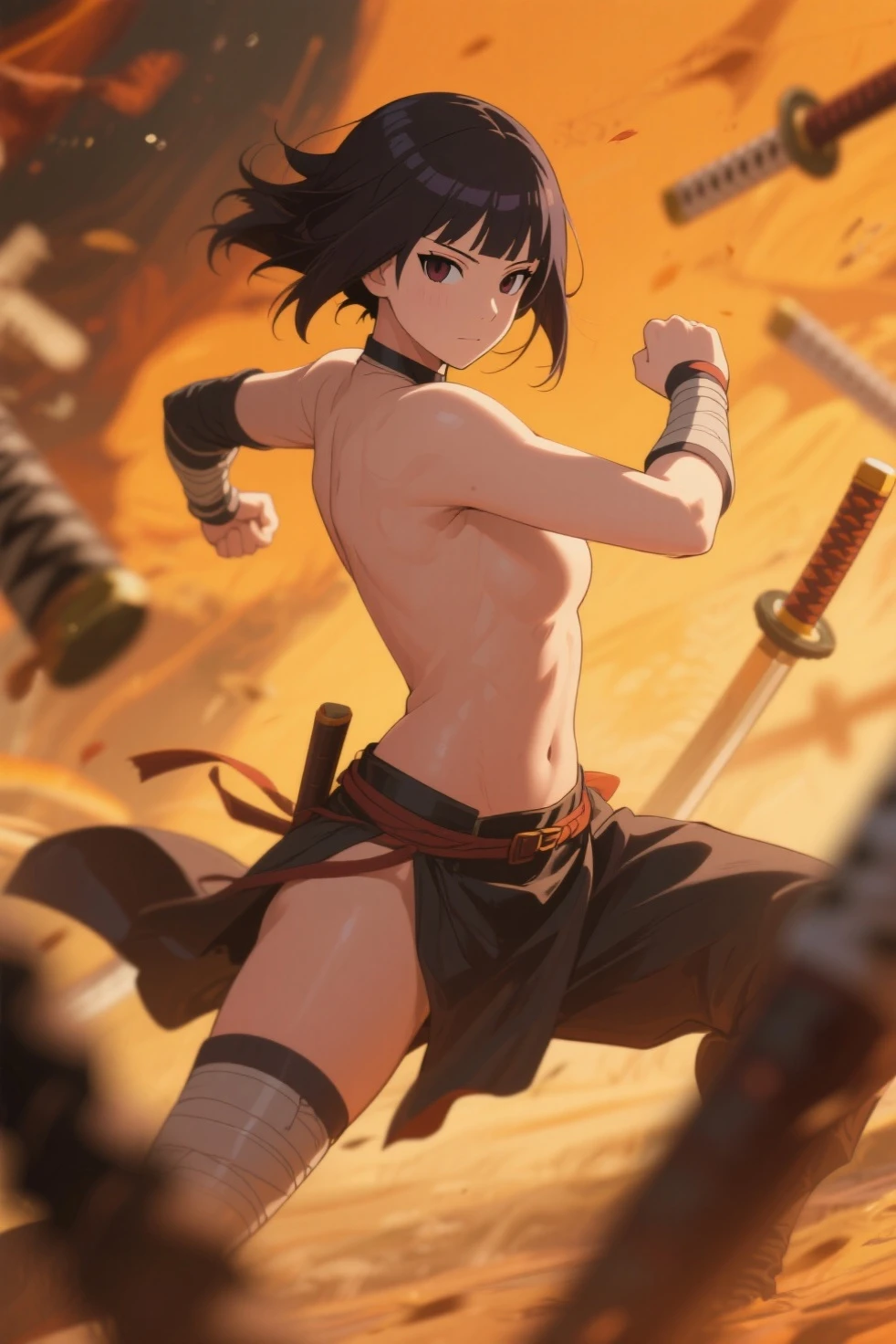 Samurai lady, ((erect )), full body, completely , shot,1girl, wielding a bloody katana, beautiful anime lady, ((bottomless)), ((topless)), samurai gauntlet, samurai waist armor, blood soaked body, big breast, warrior girl, light makeup, sexy lean body, beautiful eyes, breasts, black hair, determined look, uncensored, visible , japanese hair ornament, samurai choker, underarms, smooth armpits,(blood splatter on body 1.3), looking at viewer, blue eyes, open mouth, solo focus, long hair, (on a hill 1.5), outdoors, battlefield, red sky, (blood splatter on face 1.8), , bangs, black_kneehighs, eyebrows visible through hair, perfecteyes,