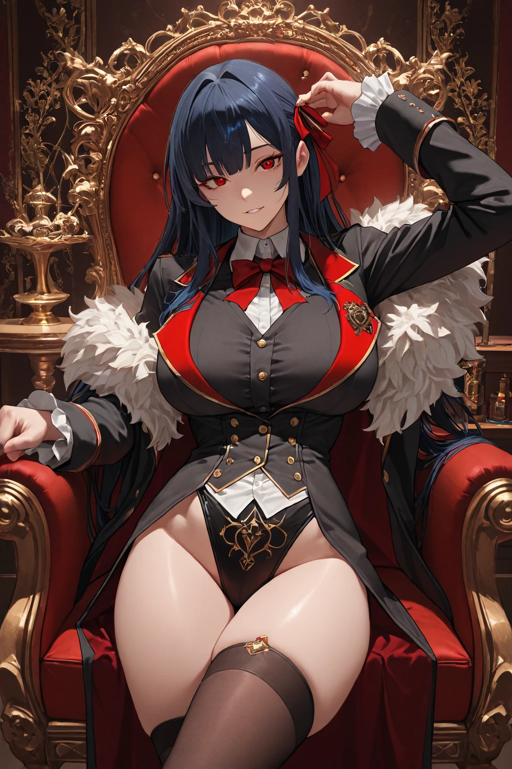 1woman,solo,25 years old,black-hair,long-wavy-hair,shiny-hair,hair-over-one-eye,side-braid,scarlet-eyes,huge_breasts,tall-stature, voluptuous,wide_hip,bunny_costume,fishnet_pantyhose,red_high_heels,red_royalty_long_cape,sitting and crossed legs on the throne,smile,looking_at_viewer,straight-on,(from_below:1.4),