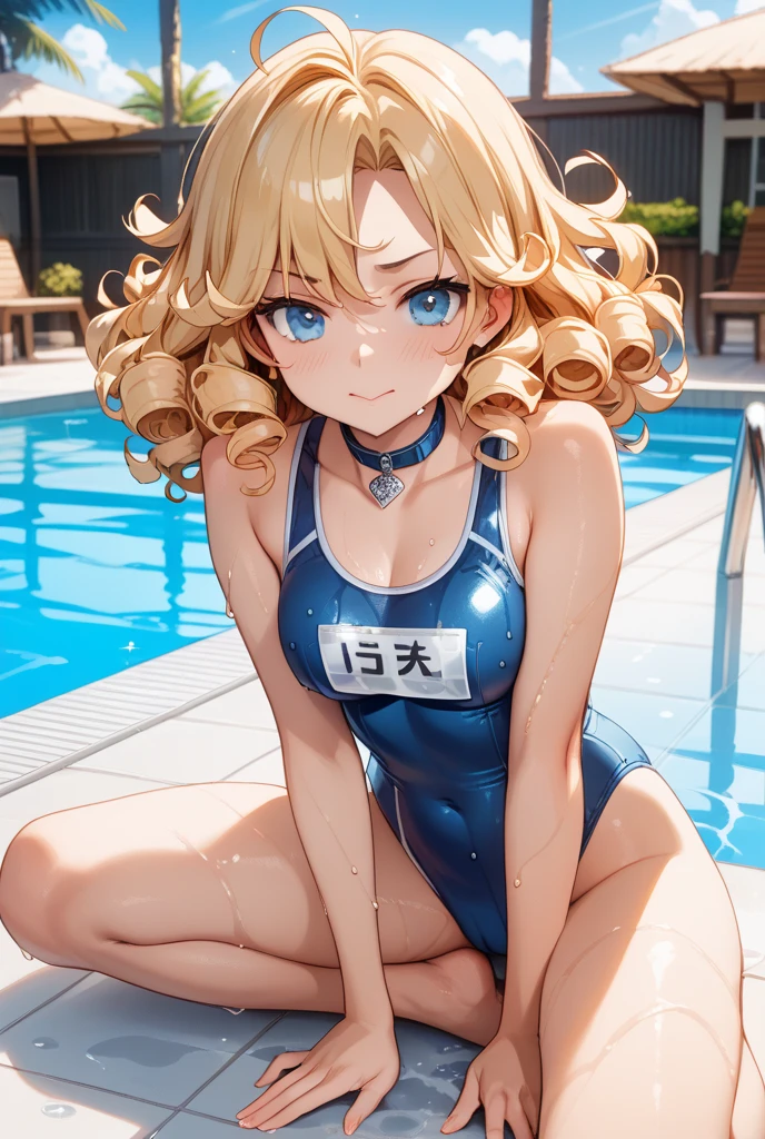 masterpiece,16k,8k,Delicate expression,highest quality,high resolution,High resolution,Sweat,1girl,look at viewer,blush,happy smile,sweat stains,steam,wet,fish eye lens,cowboy shot,summer,from front,from above,(pov:1.4),fisheye lens,upper body,show your oral,open mouth,kiss,long tongue out,show off armpits,sleeveless,pool,blond hair,green eyes,cat eyes,sitting,school swimsuit