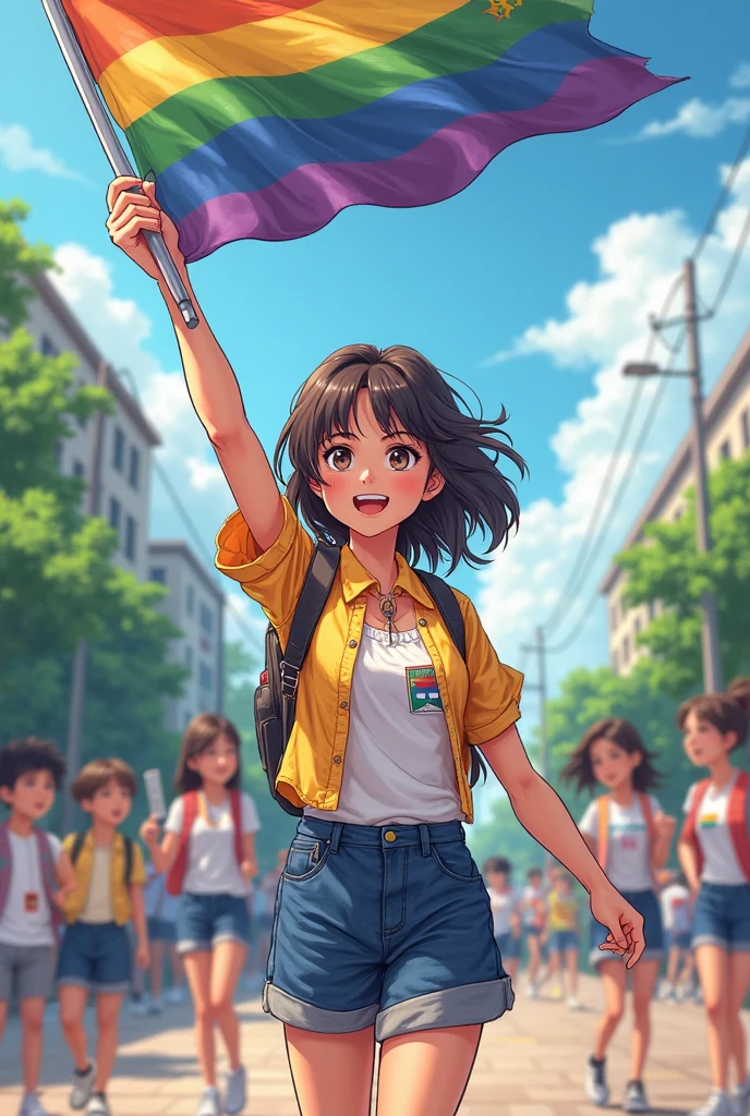 Create an image of Pride Day as a crowd of people, various ethnicities, with arms raised and the colors of the rainbow on clothing and flags, celebrating diversity and inclusion. --auto --s2