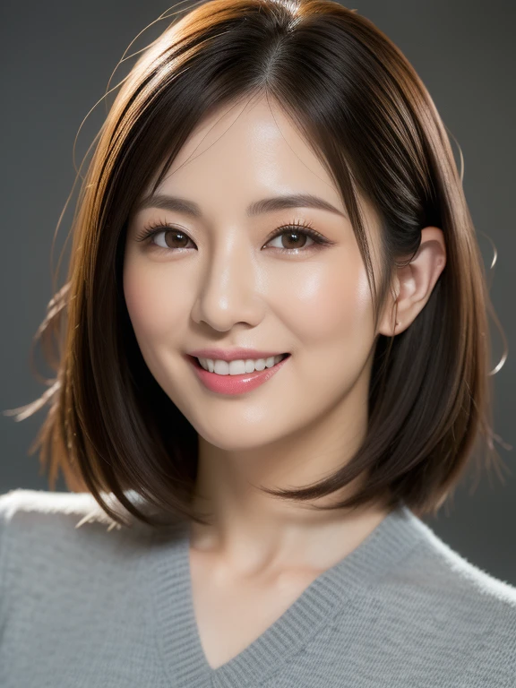 ((masterpiece)), ((Highest quality)), ((Complex)), ((Surreal)), (Realistic), (Mature Woman), ((There are no classes)), Very detailed, (1 female), Beautiful and exquisite, (Beautiful Teeth), Grin, Brunette bob hair, Brown eyes, ((blouse)), (Upper Body), (background:none), Perfect Eyes, Captivating eyes, Looking at the audience