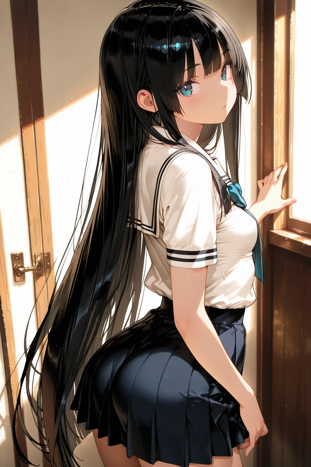 masterpiece, best quality,anime style, 1 girl, ((looking back)), (((cum facial))), (school gym uniform), (headband), (small breast), (beautiful face), (black hair), (straight hair), (long hair), detailed beautiful skin, slender body, (perfect hands, perfect anatomy)