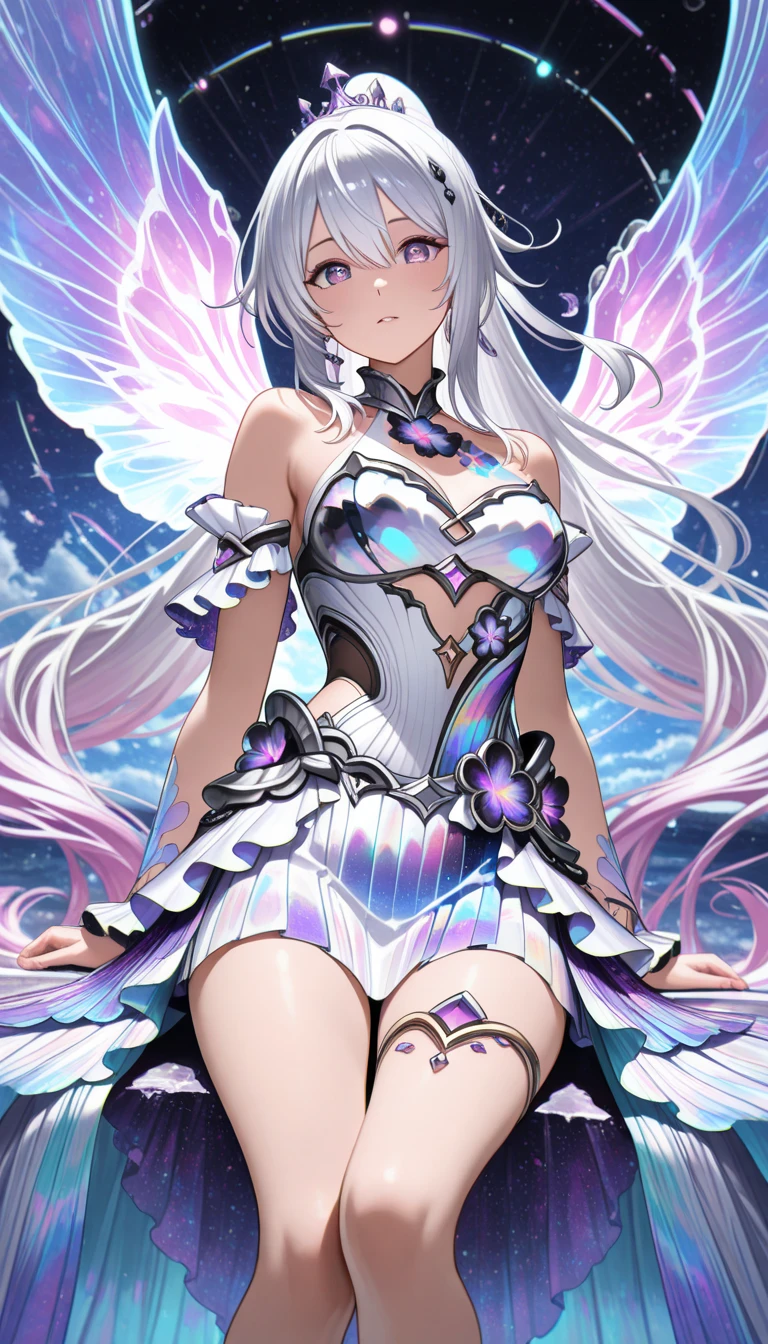 silber hair，butterflys，long whitr hair，8k wallpaper，detailedbackground，Highest high resolution，deep v big breasts，Hair covers one eye，Bandeau，Church background，Purple roses，tight-fitting，themoon，