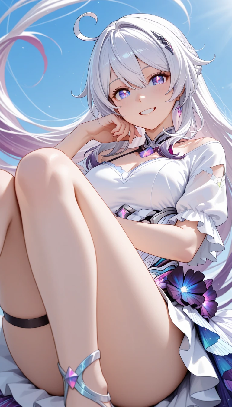 slim legs, cleavage, short skirt, navel, purple eyes, emilia, stand, White hair, long hair, side tie bikini