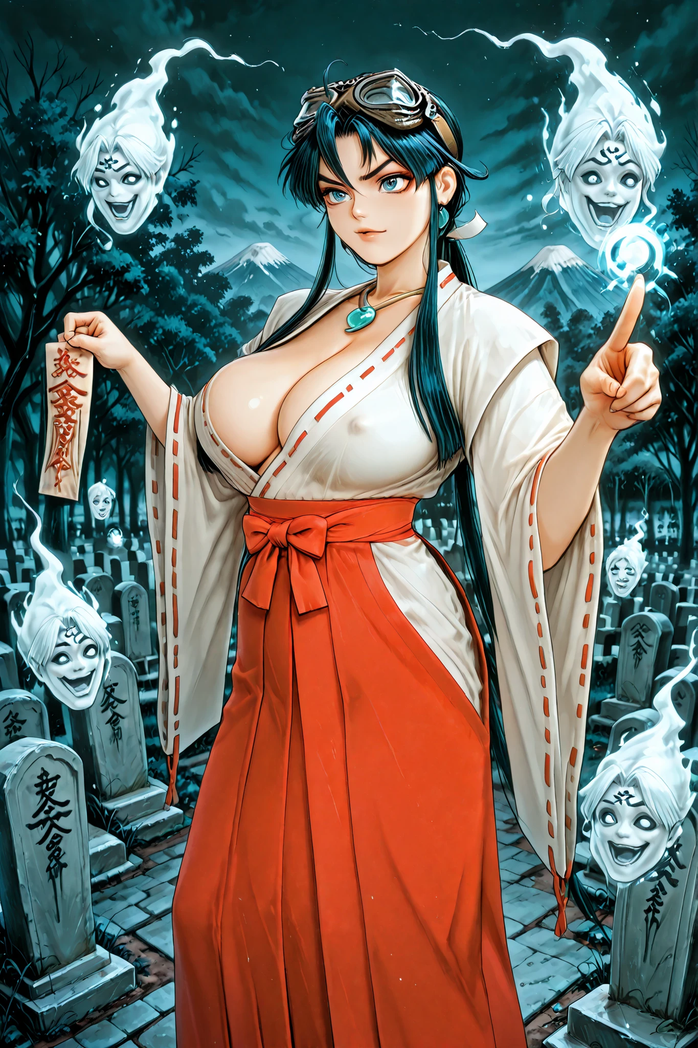 Wear a kimono with a skeleton pattern,Naked Women,Large Breasts,Big Breasts,There is a torii gate in the background.,The genitals are visible,Long, narrow eyes,Black eyeshadow,Black eyeliner