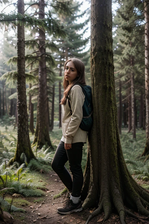 Image of a girl exploring a forest while observing the wonders of the place.