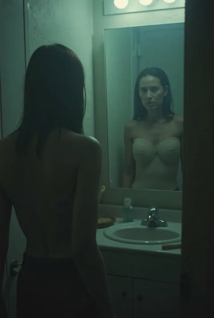 Create a haunting scene of a young woman standing in front of a broken mirror, the reflection in the mirror is a naked dark woman, in a very dark and gloomy room, A hyper realistic image, detailed, The woman only has black panties, of lace, very small breasts, perfect.