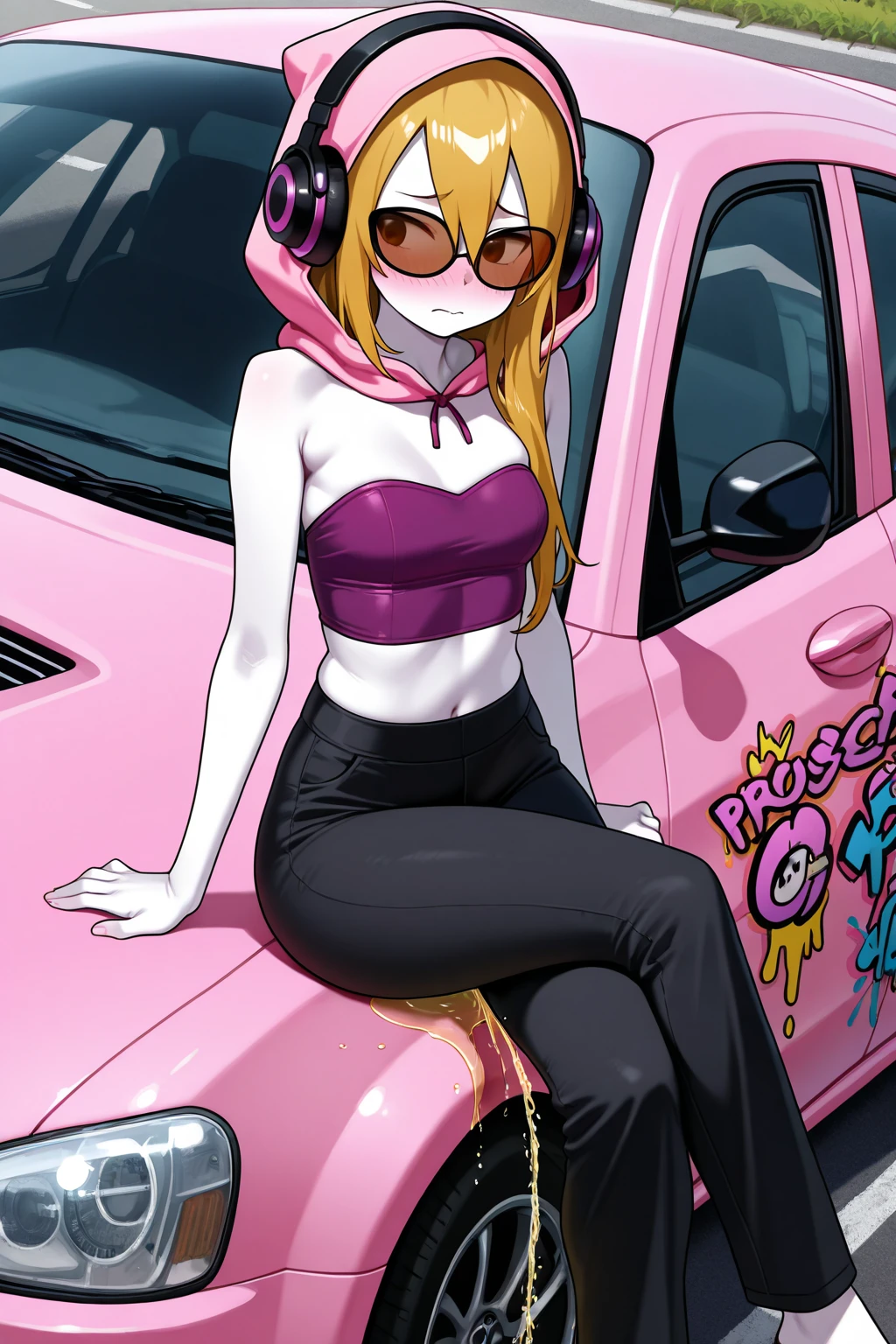 masterpiece, good quality, best quality, very awa, very as2, absurdres, highres
 <lora:KDA AhriIlluLoRA:0.8>ari, allout, fox ears, long hair, facial mark, multicolored hair, gradient hair, hairclip, diamond necklace, short tank top, underboob, fishnet shirt, pink short skirt, thigh strap, fox tail, nail polish, crystal, heart, pumps, <lora:CherryMouseStreetStyleIlluLYCO:1> 1girl, lipstick, uncensored, makeup, nose, lips, solo, chewing gum, leaning on a car, palms, sunny, holding condom, palm trees, bubble gum