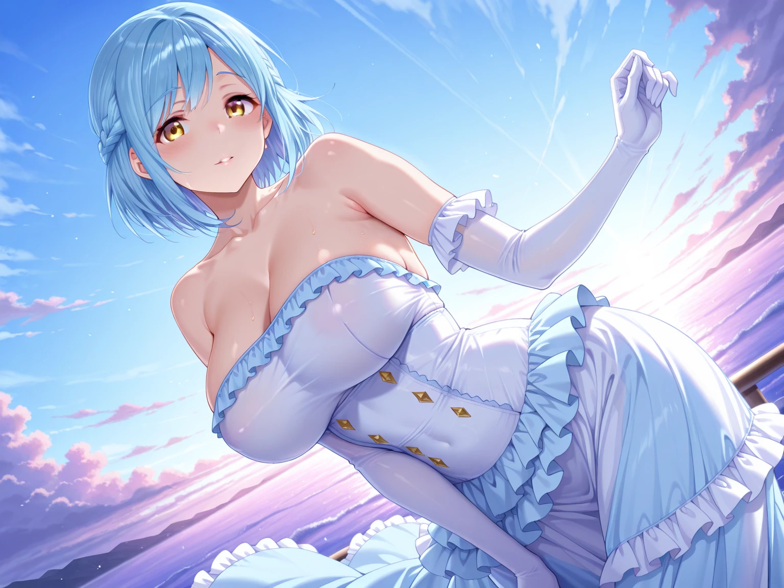Best Photos, Tabletop, masterpiece、skirt、Ultra-precision、View from the front、Tabletop, highest quality, High resolution, short hair, Maid&#39;s Headdress, x Hair accessories, Hair Ribbon, Large Breasts, Frills, Neck ribbon, Cleavage, dress, Removable sleeves, (Upper Body:1.2), (smile:1.1), 、 (Floating Hair:1.1), (Wind:1.1), garden、absolute reference to front、[3D Images:1.25],[[Attractive eyes,Detailed eyes、Shining Eyes, Colorful eyes:1.1]]、