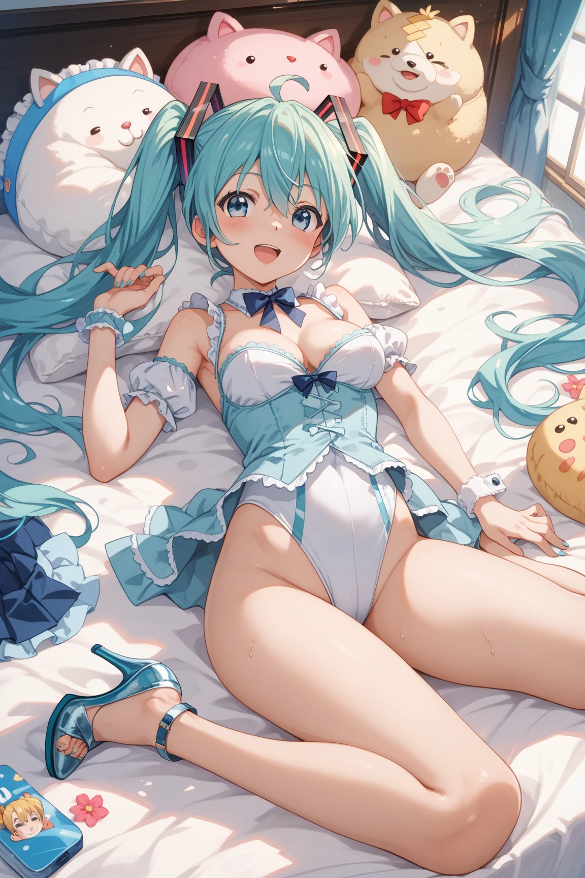 idol costume、frills、puffy short sleeves、Young Hatsune Miku,huge breasts,young girl,small 、sit with legs apart、striped panties、striped underwear,When I open my thighs, a large amount of white love juice drips out.、blush、embarrassed look、colorful