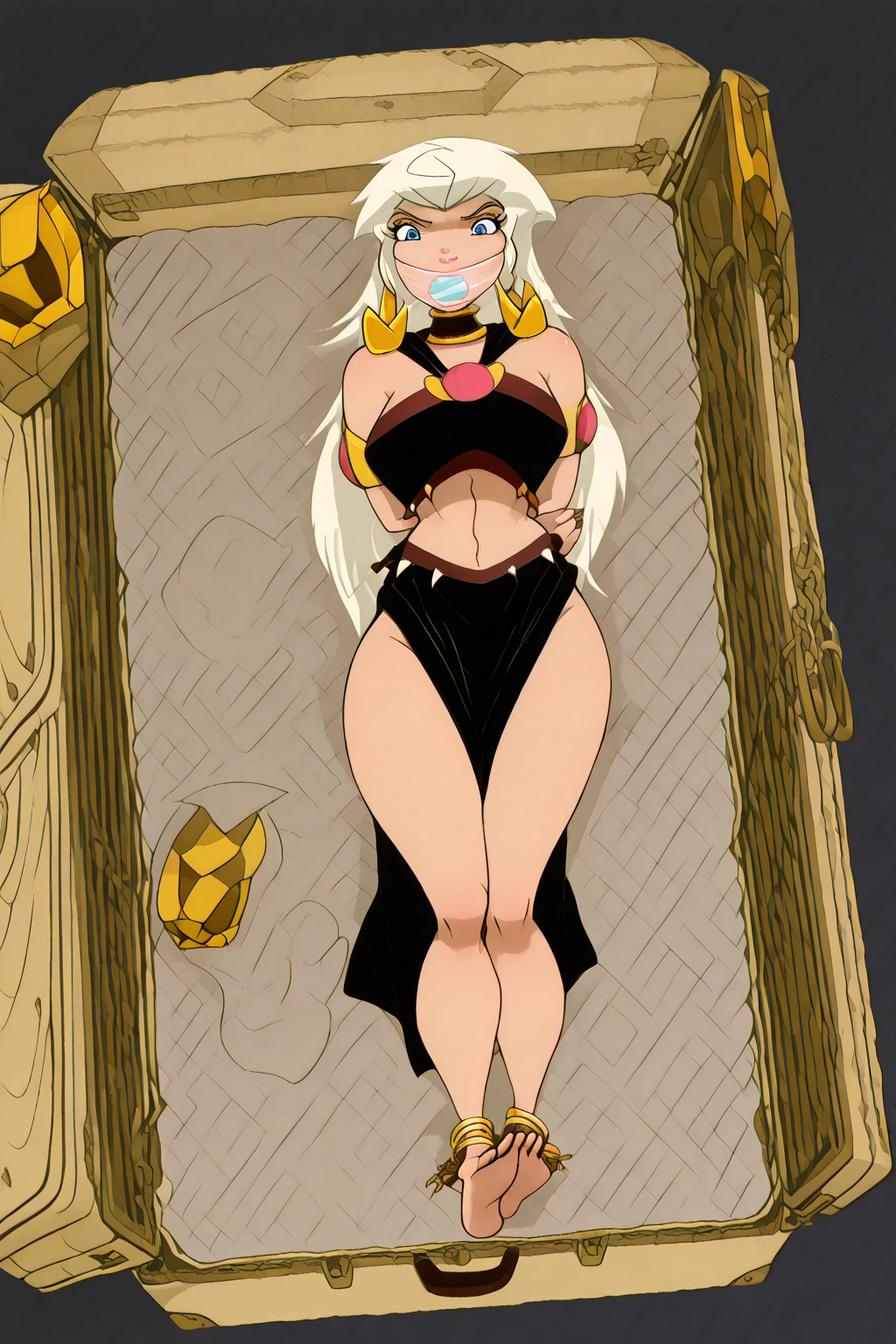 ((masterpiece,best quality)), absurdres, Queen_La_Tarzan, cape, dark skin, long white hair, black crop top, smug, smiling, solo, smiling, looking at viewer, cowboy shot, jungle in background, cinematic composition, dynamic pose,standing, full body, feet,big breast, curvy,(best quality,4k,8k,highres,masterpiece:1.2),ultra-detailed,(,1.37),portraits,vivid colors,warm tones,soft lighting, staff holding, full body, flipflops