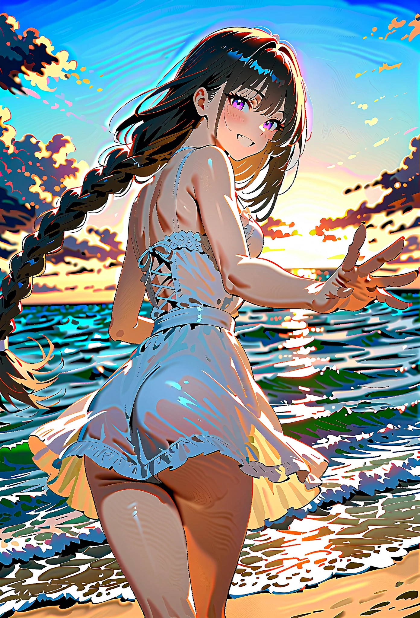 all intricate details:"(Full body view, professional anime, anime (ufotable),happy woman walking in a field with white and blue flowers, very beautiful symmetrical face, Brown eyes, medium brown hair, looking view, the sunlight shines from the front showing her wonderful figure, Dress comfortably and loosely, intricate details, Professional 50mm camera, back angle)"