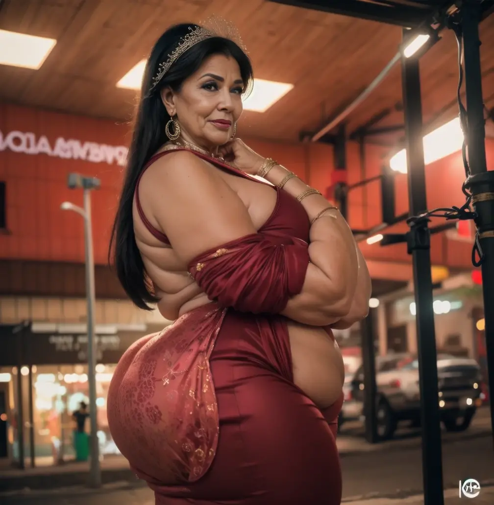 Beautiful 65 year old grandmother, mulher idosa de cabelos brancos, with her back to the camera showing a huge ass, cintura muito fina, quadril largo, beautiful grandmother, linda velha, night and urban scenery with bokeh and flares on camera