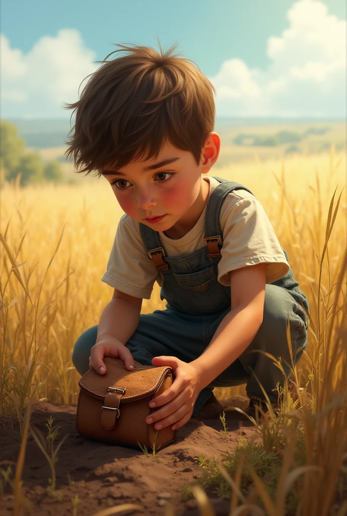 A Farmer boy citing in gress with sad filings 