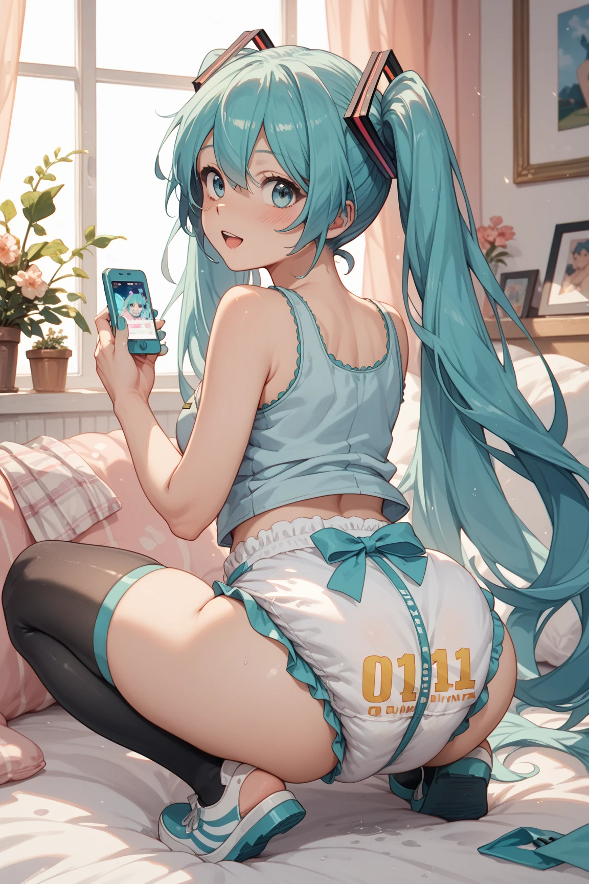 Second Dimension、pretty girl、sister、From below、smile、bed、backを向ける、Thick thighs、Hamstring、Big Ass、Chubby、tights、garter belt、Shorts、Grey sweater、Midriff、shoulder、back、smile、Blushing、Open your mouth、Green Eyes、Long Hair、Light blue hair、Dark Room、window