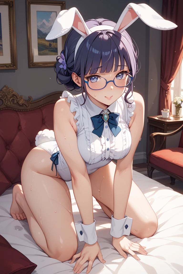 8K、masterpiece、Japanese、Woman wearing glasses、Neon（nod)、from the front、smile、Childish、Small breasts、See-through underwear、night、Bedroom、Show your underwear、mini skirt