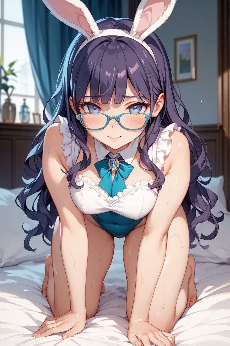 small breasted girl, short, elementary school student, blue hair, fishtail braid, blue eyes, round eyes, shy, shy, , short, young face, short height, , glasses with no edges,(Lingerie Set),bed,lying on back