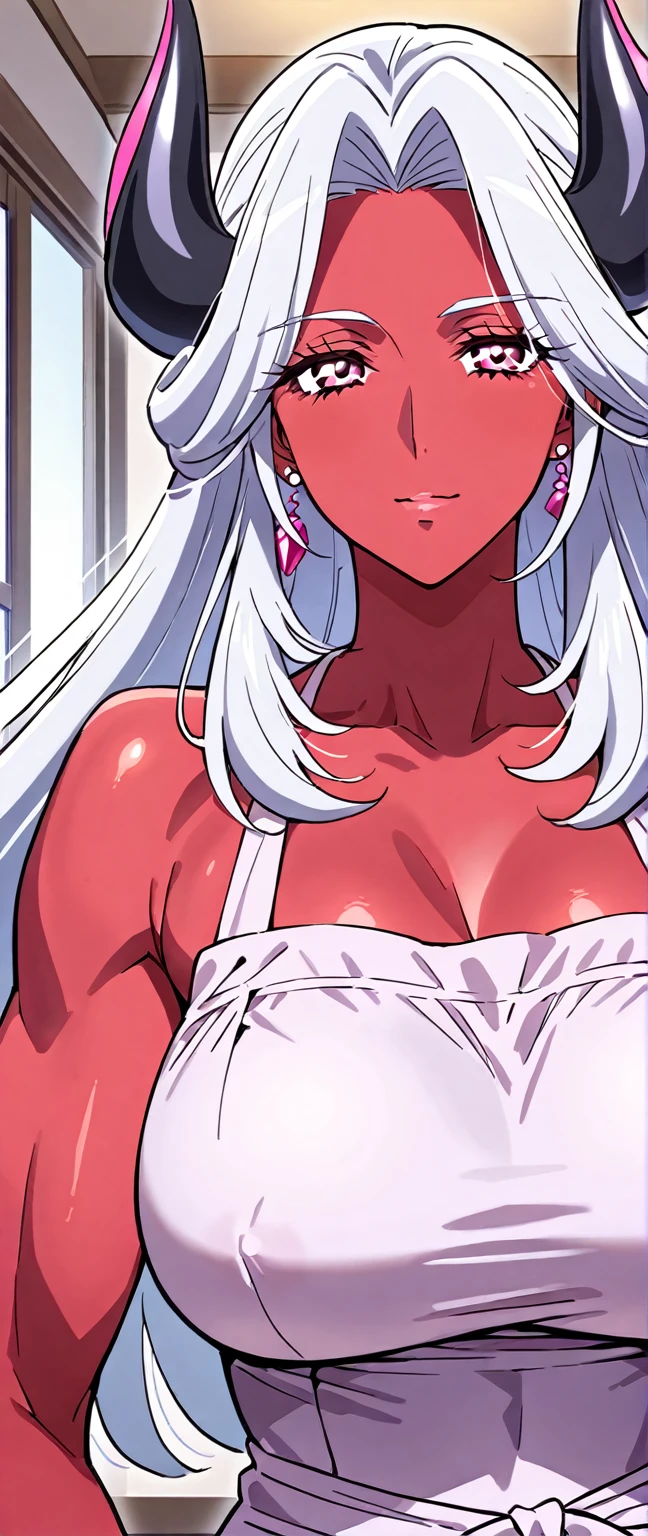 Hibana, 1 woman, solo, (cowboy shot:1.4), portrait, looking at viewer, dynamic angle, 20 years, adult woman,(large medium breasts:0.7), turned away, smiling, (white dress,Earrings, Party Hall, dynamic pose), sunlight, perfect quality, high quality, masterpiece,