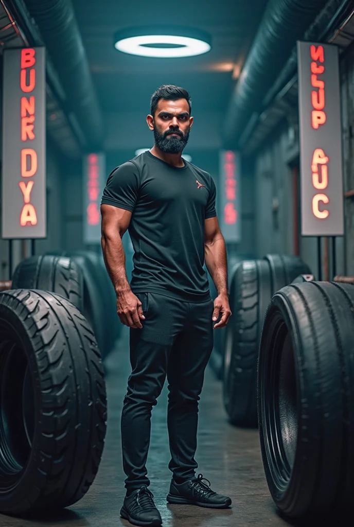 A man do workout in wrestling mat her face is like a desi boy
He wear the t shirt print her name is surya
He stand back side face