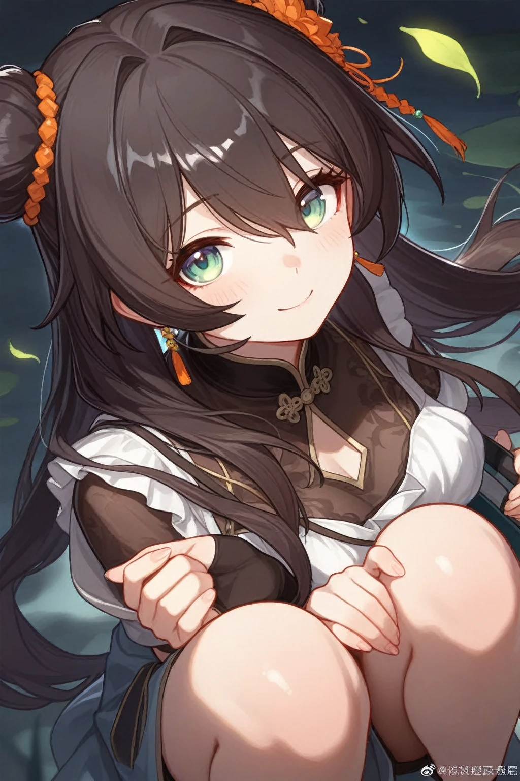 (best quality, masterpiece:1.3), 1 girl, solo, yuel\(gbf\),black socks, fang, open mouth, dress, cleavage, bangs, socks, bare shoulders, water temple, stars, starlit sky, deep of the night, rain, water surface, in water, <lora:yuelLora_v10:0.7>