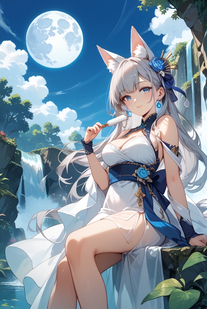 There was a woman in a blue dress sitting on a rock, ahri, Artgerm on ArtStation Pixiv, WLOP and Sakimichan, wlop and rossdraws, WLOP Art, Extremely detailed Artgerm, wlop rossdraws, White Fox Maiden, Guweiz on ArtStation Pixiv, beautiful fantasy art, Fanart Meilleure ArtStation
