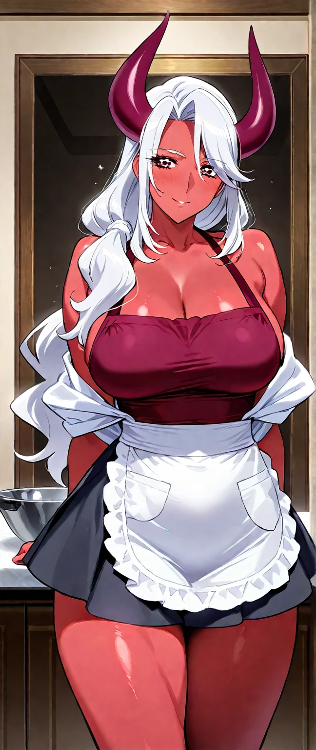 Sister new devil, Zest, 1girl, (((bimbo))), long white hair, yellow eyes, dark skin, puffy lips, painted lips, thick lips, wide hips, thick thighs, big breast, huge ass, revealing cleavage, erotic, cute Smile face, bubble butt, camel toe, big Breasts, white jeans, bra, hand signs, bra pull nipples,  posing