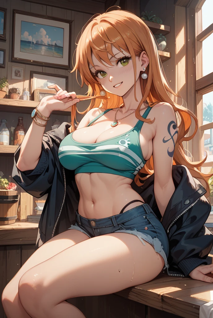 Anime, sexy, gwen from ben 10, orange hair, freckles, almost naked, wearing a blue jacket unzipped, large breasts, smiling, barefoot, has a large