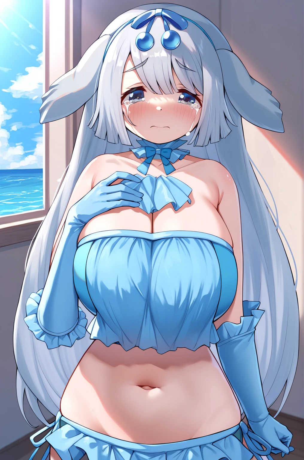 1 full length girl standing, good ass, maid of honor, Hairstyle with a white braid, white hair, blind, perfect lighting, muscular, thighs, mature woman, Mummy, belly button, ABS, look at the viewer (masterpiece, high quality: 1.1) smile, Extremely huge breasts, maternal, Porcelain skin, Extra long hair, shiny skin, good face, oni horns