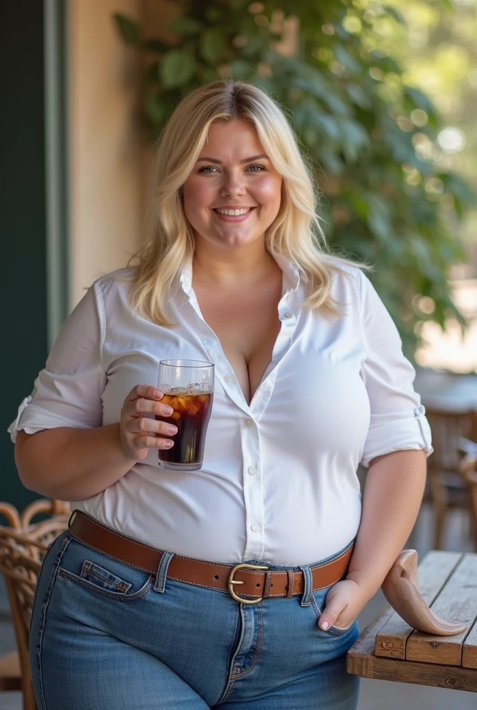 Fat woman, 40 years old white Caucasian wom inside bar having a drink, sitting down, long straight blonde hair, serious, chubby, bbw, casual, cleavage, big breasts