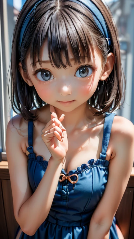 RAW shooting、Photorealsitic、masuter piece、one girls、a baby face、Very cute、Slender and beautiful、((small tits:1.2))、7Head and body、Meticulously drawn eyes、Attractive eyes、Twin-tailed、bangss、a choker、Beautiful colored dress、Chess gangte sleeveless dress with bold opening、Anguished poses、Luxurious room、blurry backround