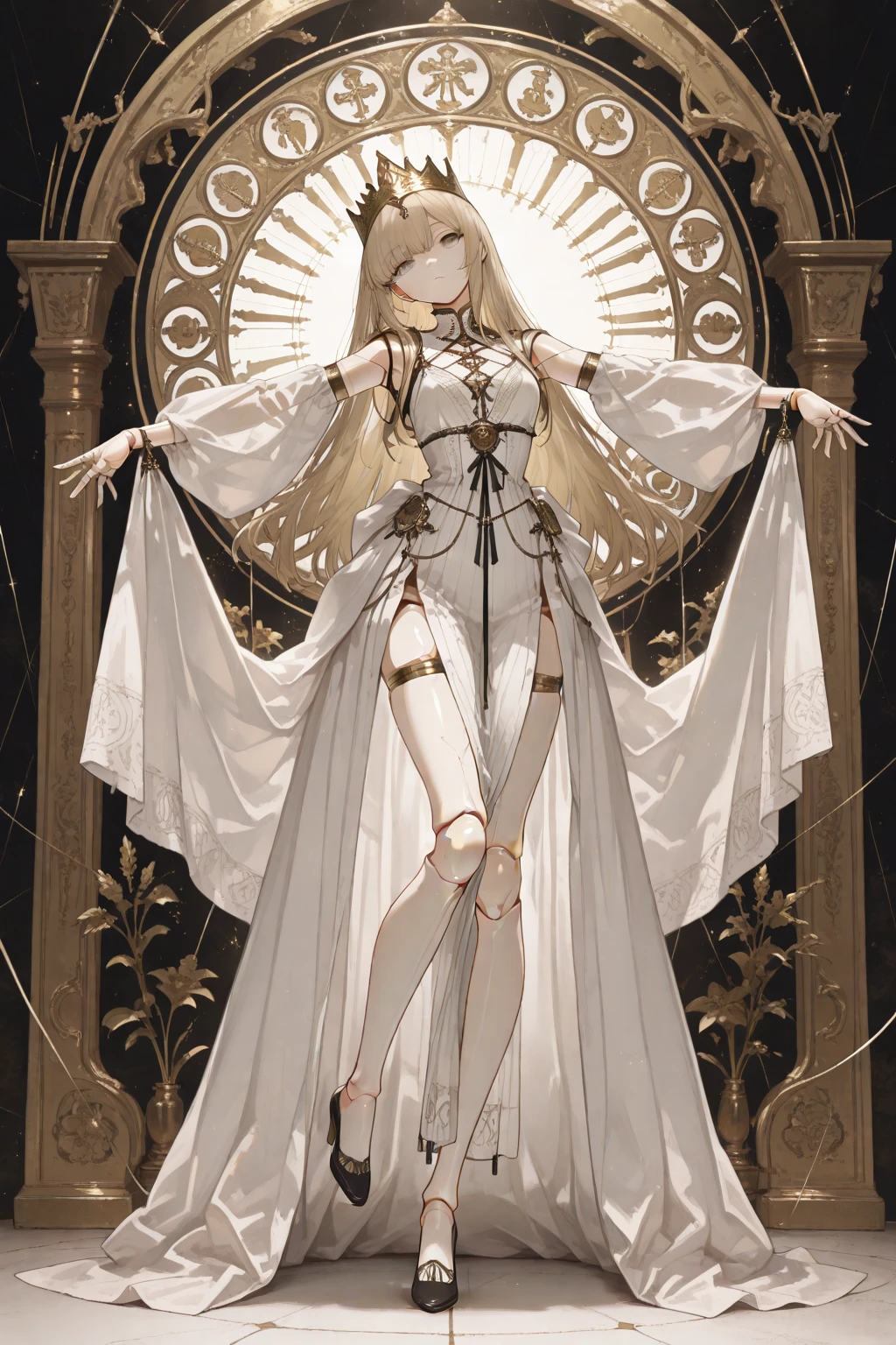  ((best quality)), ((masterpiece)), (detailed), 1girl, Character design, female, dynamic poses, long white grey hair, grey white eyes, very skinny, detailed, best quality, no accesoires around the neck, no shoes, prominent collarbones, skinny arms, flat stomach, visible hip bones, full body, blank white background, plain background, white background, red and white clothing, Bloodborne inspired, occult aesthetic, occult, detailed and intricate steampunk and detailed gothic, NSFW, Very dramatic and cinematic lighting, cosmic horror, grim-dark, side-lighting, perfect face, NSFW, Fluttering lace flared long knee length dress with frilly petticoats, knee length dress, pleated petticoats, petticoats gothic, complex lace boots, side-lighting, gothic aesthetic, wielding a mighty sword with mechanical components, mandalas, small breasts, a fairy, various different types of insect wings, NSFW, full body, whole body, body, plain background, white background, blank background, no background, white background NSFW, chains, full body, whole body, head-to-toe NSFW 
