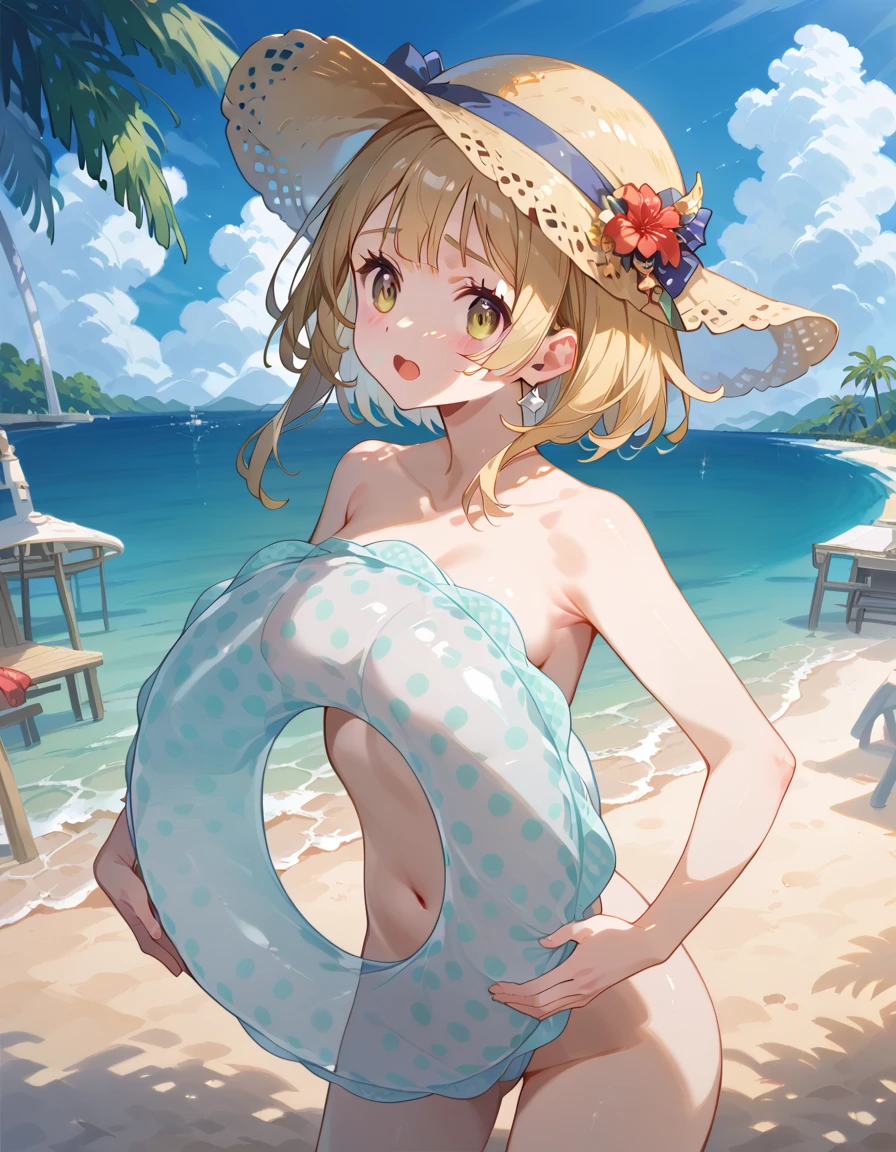 hand bra、Hide your with your hands、one-piece swimsuit, strap slip、nsfw, nipples、Chestnut Hair、Red swimsuit、Sandy Beach、Ocean、one-piece swimsuit, strap slip、Sandy Beach、Wet、Blushing、