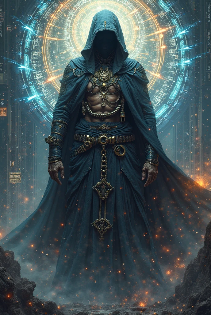 a man with ebony skin, intricate golden circuitry tattoos across forearms, wearing a reflective visor and cloak with fiber-optic threads, full baggy clothing, giant medieval black cloak, navigating a neon-lit dystopian market, detailed tattoos, dystopian cyberpunk, dramatic lighting, glowing circuitry, masterpiece, 8k