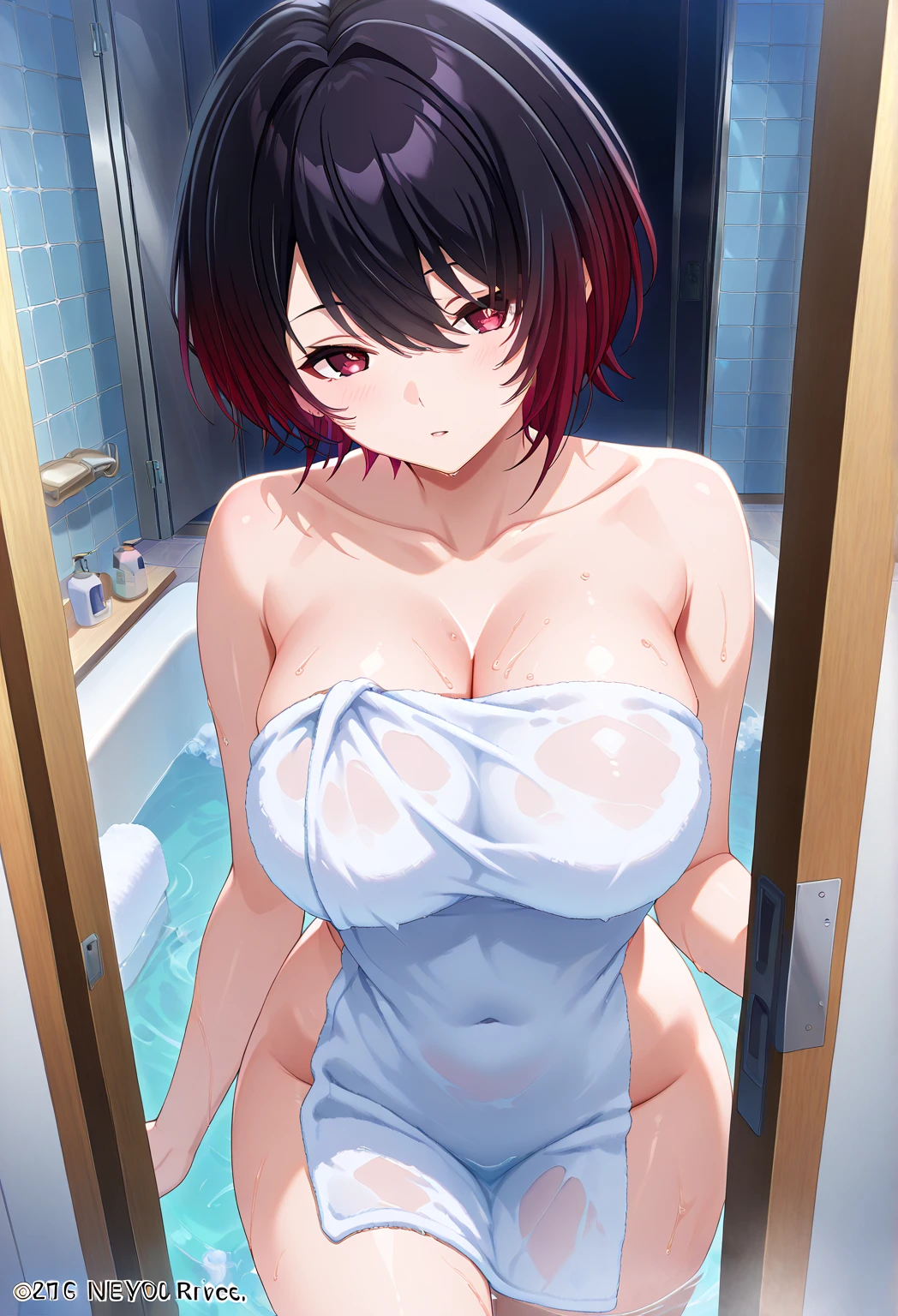 1girl, solo, standing, upper body,
mature, mature female, milf, showering,
red eyes, looking at viewer, high ponytail, hair over one eyes,
nude,
(sagging breasts:1.2), (large breasts:1.2), nipples, puffy nipples, huge nipples,
indoors, bathroom, shower,
<lora:Sagging Breasts v1:1>