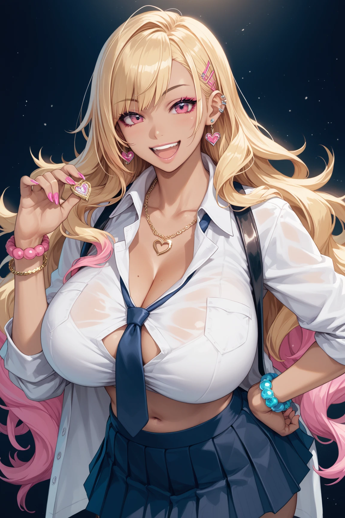 10th Generation,A beautiful woman,Beautiful breasts,belly button,Tight waist,Moe,Blonde,A short-hemmed white button-up collared shirt,Tie the hem of the shirt,Purple fancy satin bra,Pleated skirt with dark blue plaid pattern,Show off your body,Provocative smile,Cleavage,Flashy accessories