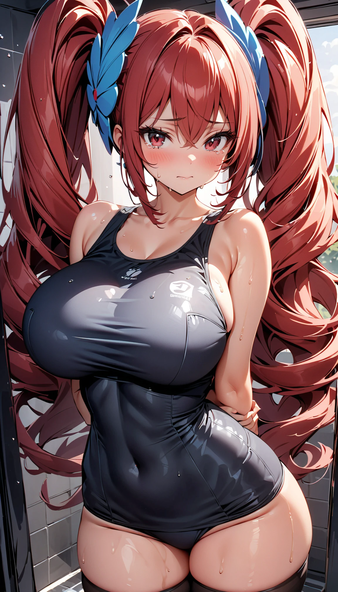 (Highest quality:1.2, Very detailed,  High detail, Ultra-high resolution, High Contrast, masterpiece:1.2, Highest quality, Best aesthetics), (Small face), (Very detailedな肌:1.2), (1girl, daiwa scarlet \(umamusume\), umamusume), (Slim figure:1.4, Woman with slim body and large breasts), Beautiful Eyes, Glossy lips, Glowing Skin, Beautiful thighs, Embarrassing, blush, Lovely, Close one eye, With tears in her eyes and her mouth open, drooling, School Swimsuit, Mature Body, Perfect Fingers, Five Fingers, (Shower room, I take a shower), Water droplets on the glass,