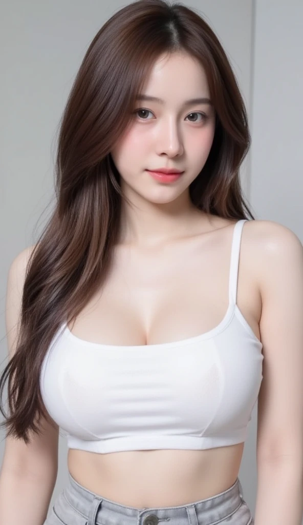 (1 girl), national foundation, (hotel background), ((32k, raw, masterpiece: 1.5)), (Professional photography, sharp:1.2), Perfect dynamic composition, (Natural sun light), (soft shadow), (Perfect body:1.4), (((skinny figure))), ((huge round breasts: 1.4)), (((huge round buttock: 1.5))), (((((black long hair))))), ((Ultra-detailed faces and skin)), perfect asian, White skin, (Delicate skin:1.4), (latex skin:0.4), (perfect glowing skin:0.6), light brown eyes, beautiful eyes, round eyes, pretty face, blush, glossy lips, glossy eyes, Perfectly proportioned face, Really moist skin, Refined expression, (((huge smile at the camera))), looking at camera, Refined expression, Elegant necklace, Elegant earrings, minimalist, ((((blue and white tank top, white yoga pant)))), ((back shot camera))