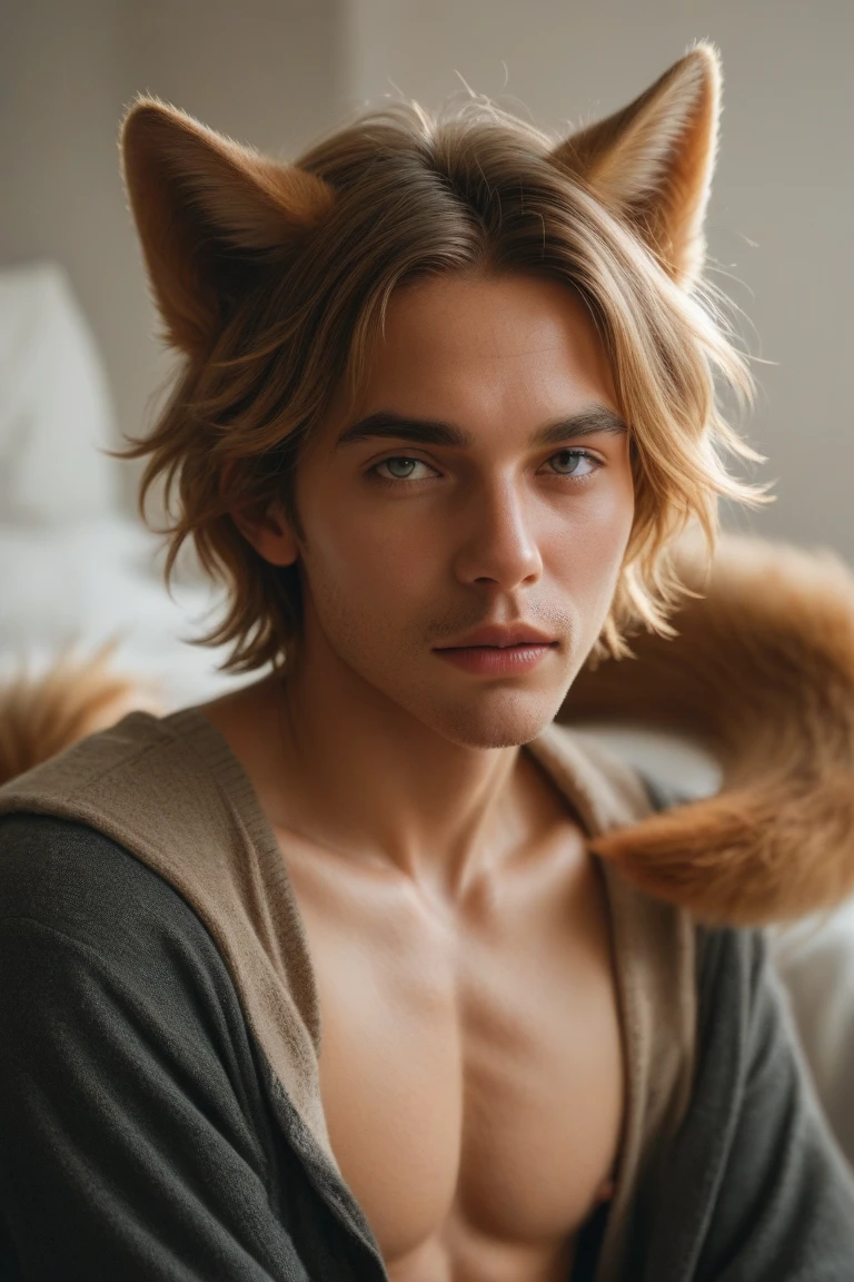 a furry man dressed as a fox in sexy pose sticking out his tongue