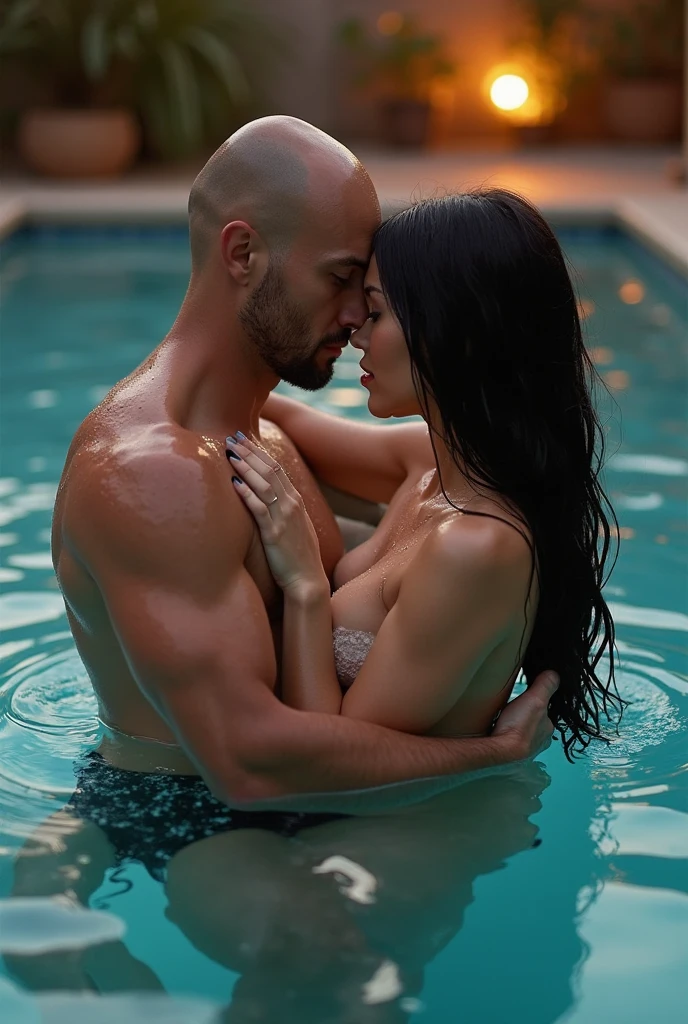 Full-body photograph of a very handsome male gladiator kissing a semi-naked woman, (V-shaped body, thin waist, beautiful jaw line, tousled hair), standing in a clear pool. Detailed face, perfect face, glistening muscles, intricate details. Ultra 16K HD