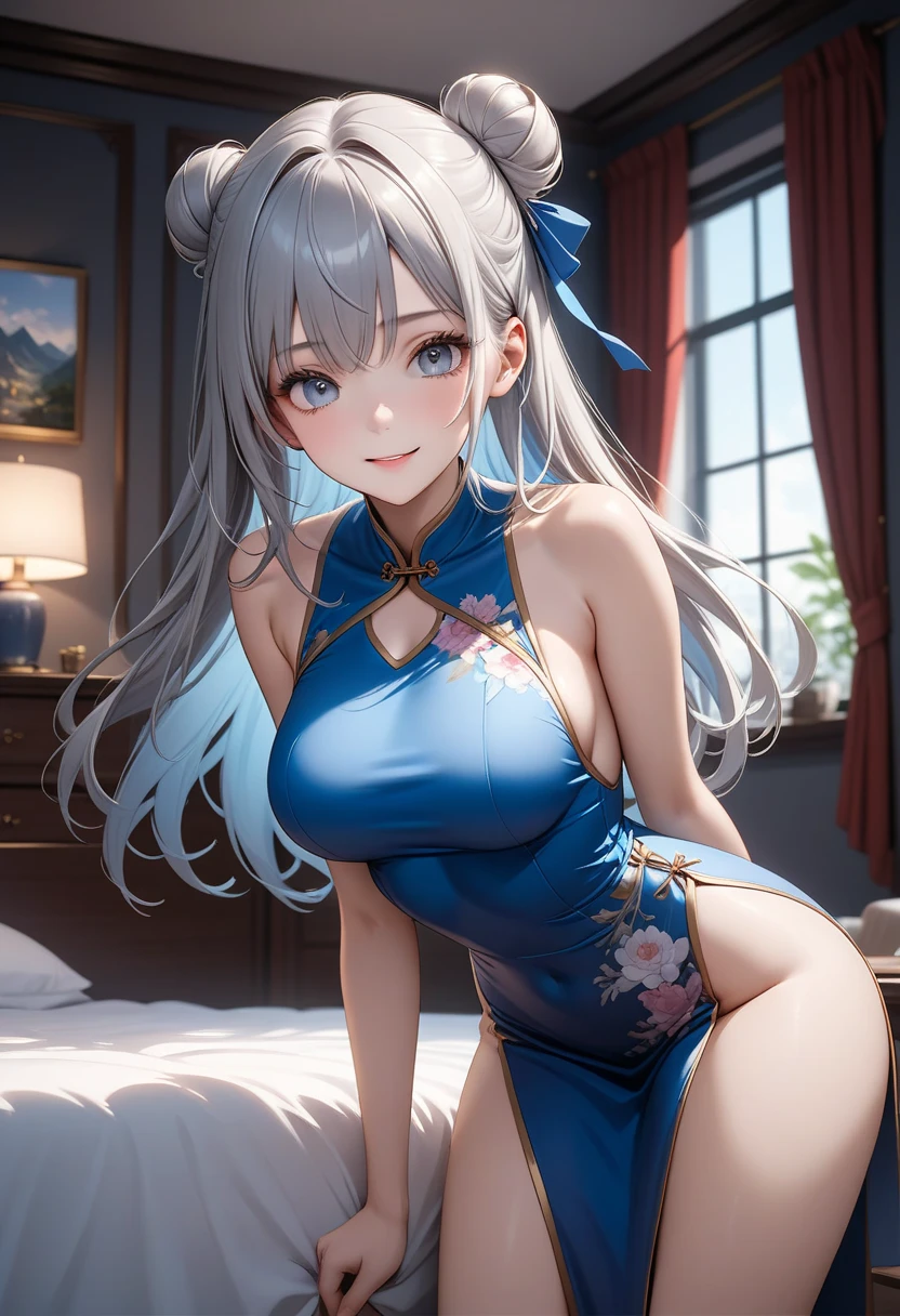 Female, Chinese mythological background. Youthful appearance, fair skin, delicate face, (sharp and cold eyes.) Long black or silver hair, usually loose or in a high bun, decorated with jade hairpins. Wears blue holy land attire with intricate patterns, exuding elegance and nobility. Wears an ancient ring symbolizing power.