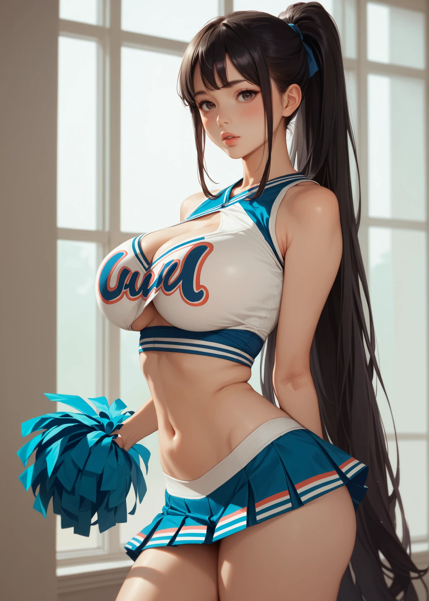 (masterpiece:1.5), (top-quality:1.5), (16k wallpaper:1.2), (Photo realistic:1.2), (ultra-detail art:1.2), (high resolution:1.2), (Highly detailed and realistic skin:1.2), (she spreads her slender legs), asuna, blue eyes, long hair, halo, hair over one eye, 1 cheerleader, Very detailed and beautiful sharp eyes, Powerful and beautiful eyeshadow, (Slender woman with body shape:1.2), Natural Color Lip, (long blonde high ponytail covering one eye), (white sleeveless cheerleading shirt:1.2), nsfw, (Ahe-face:1.3), (Overflowing sperm:1.2), (teal cheerleading miniskirt:1.2), (cum in pussy:1.5), track-and-field arena, ((mob cheerleaders))
