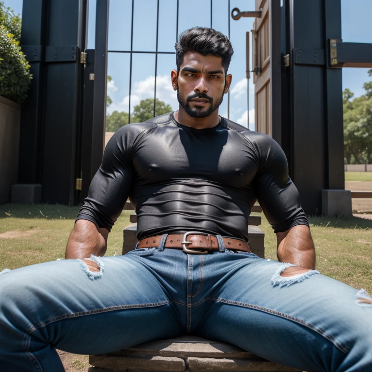 A muscular and tattooed Pakistan man, wearing blue  tights with his chest exposed, revealing the soft fur on his chest while soaking in the rain 