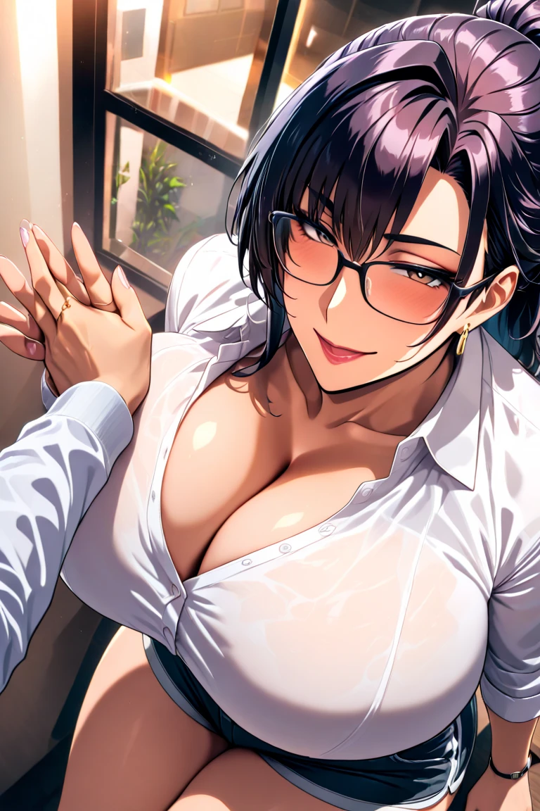 Human, hair black, eyes black, 24 years old, office uniform, wear glasses, ponytail, C cup breasts, 1girls, took off jacket, hot weather, surprised, cock in front, office, deserted