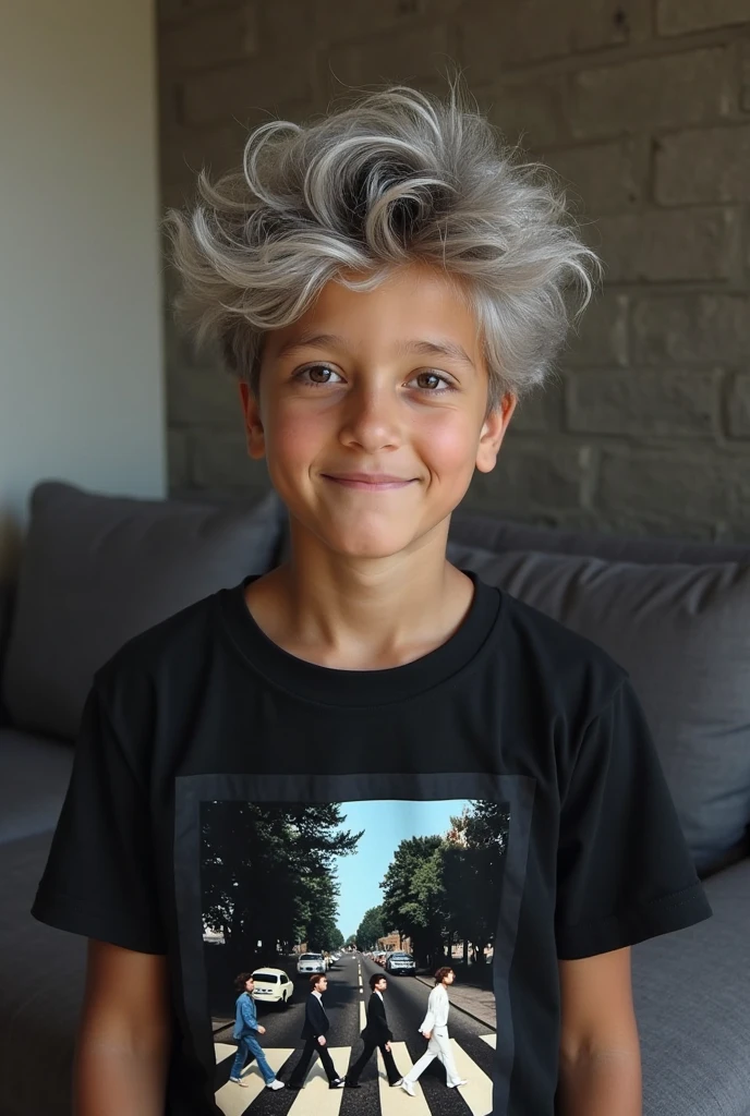 A boy with short, wavy grey hair blowing in the wind